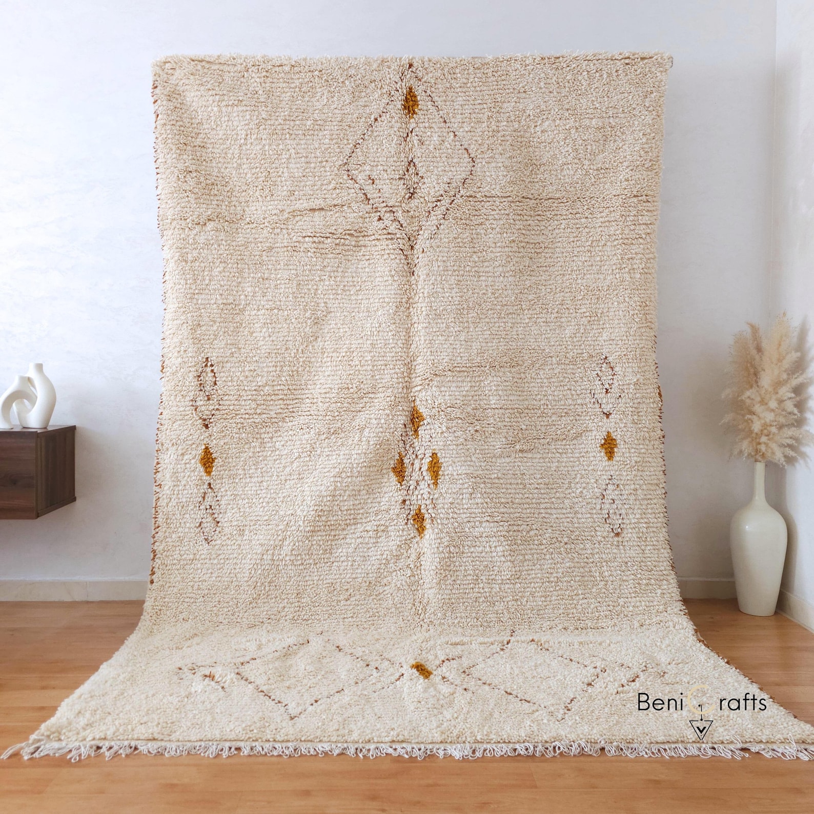 Handmade Cream Wool Moroccan Rug, Minimalist Berber Shag Rug - 4x6 ft = 122x185 cm