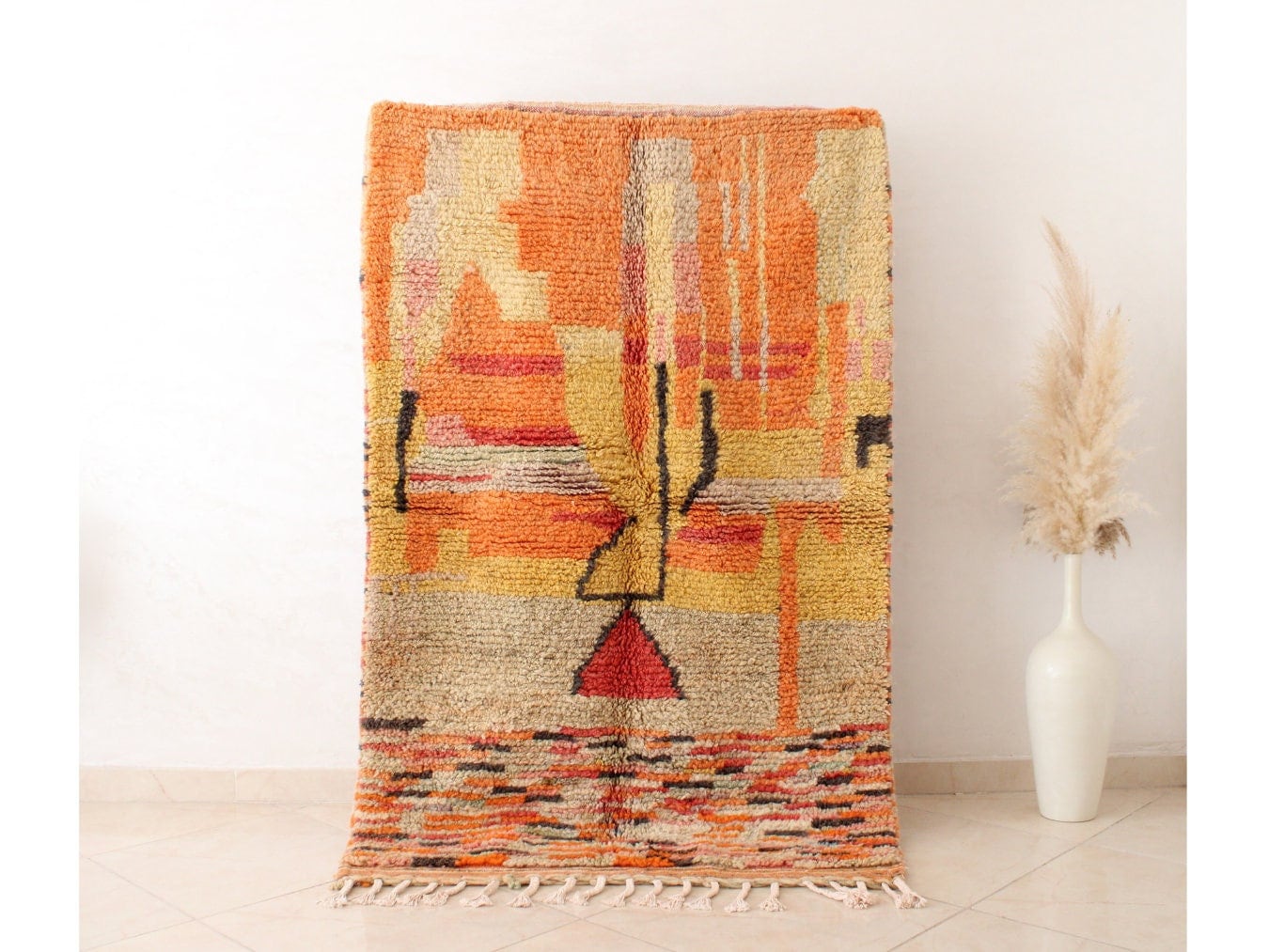 Handmade Wool Moroccan Rug | Unique Vintage Boujaad Rug 3x5 ft | Natural Dye Berber Carpet