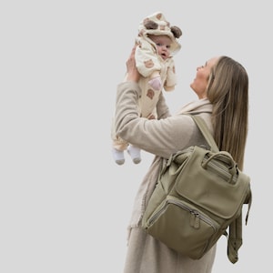 Green Baby Changing Bag Vegan Leather Diaper Bag Nappy Bag with Changing Mat Water-Resistant Baby Shower Gift New Mom Gift Baby Bag Backpack image 9