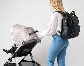 Black Baby Changing Bag Vegan Leather Diaper Bag Nappy Bag with Changing Mat Water-Resistant Baby Shower Gift New Mom Gift Baby Bag Backpack