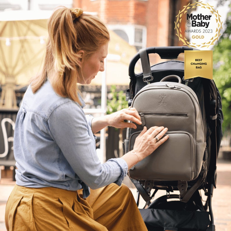 Bloom Grey Changing Backpack Sustainable Vegan Leather Diaper Bag Water