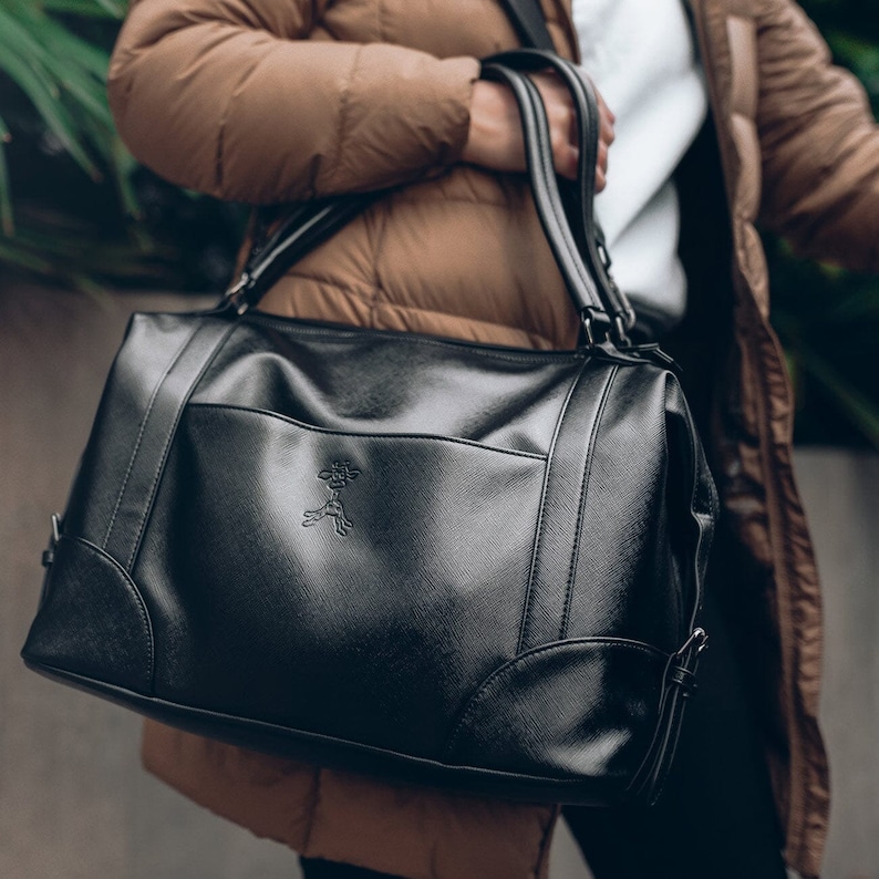 Black Baby Changing Bag Vegan Leather Hospital Bag Waterresistant Mom