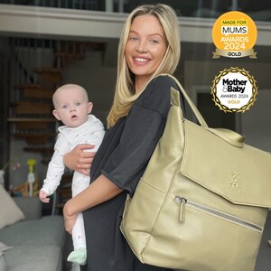 Green Baby Changing Backpack Water-Resistant Vegan Leather Baby Mom Bag Bottle Pockets Award-Winning Changing Bag Diaper Bag Hospital Bag image 3