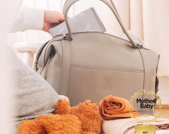 Grey Baby Changing Bag Vegan Leather Hospital Bag Water-Resistant Mom Diaper Bag Large Nappy Bag Trolley Sleeve Baby Shower Bag New Mom
