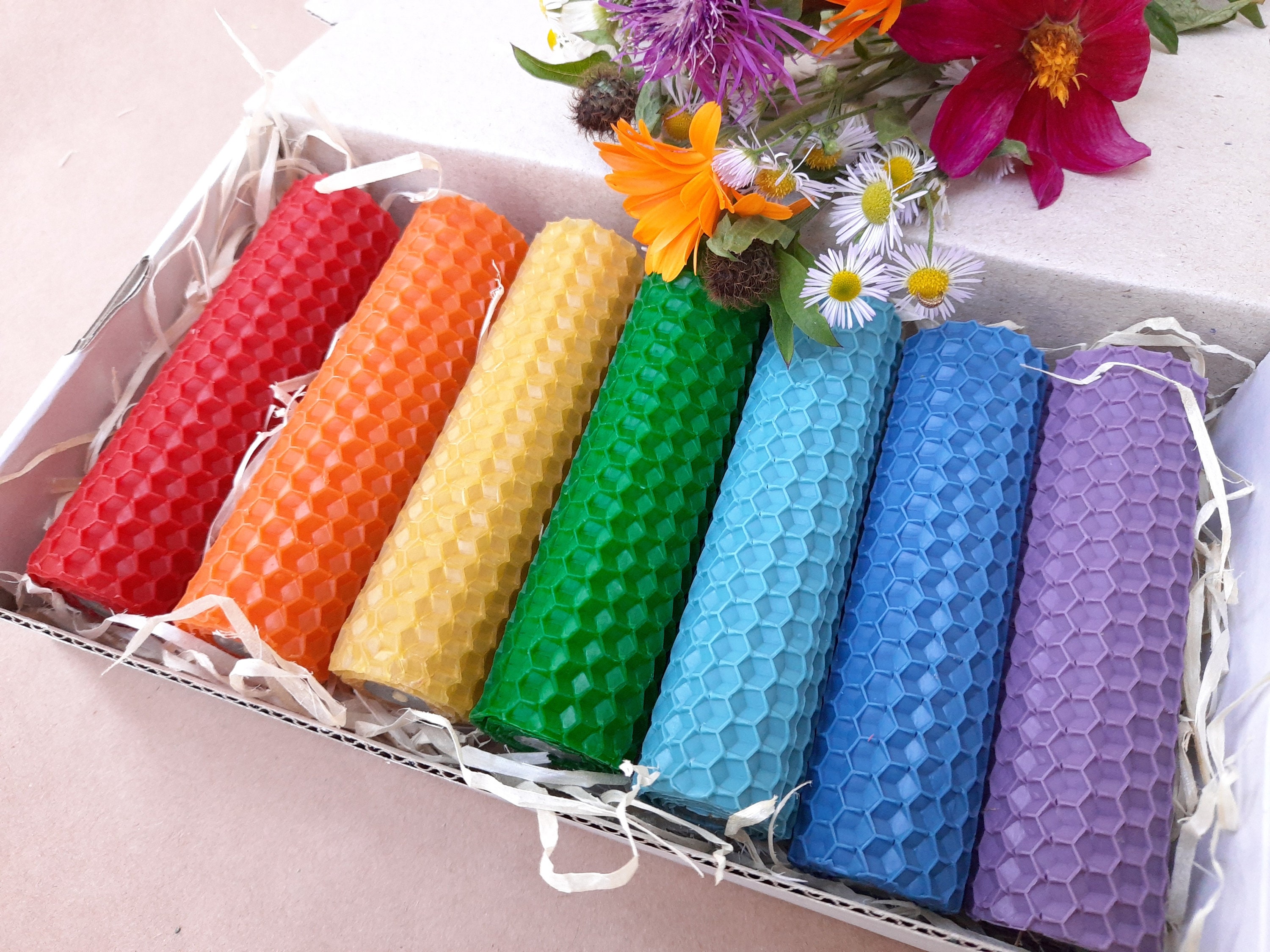 Set of 7 hand rolled beeswax candles Rainbow Etsy