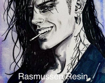 May include: A black and white ink illustration of a character with long dark hair, an undercut, and pointed ears. The character has a cigarette in their mouth, wears earrings, and has a dark jacket. The text Rasmussen Resin is printed at the bottom.
