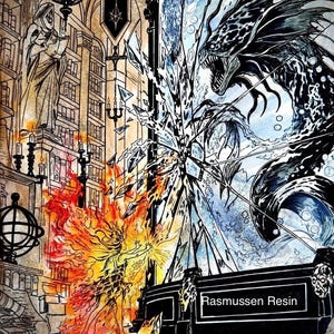 May include: A detailed illustration featuring a figure engulfed in orange and yellow flames facing a large, shattered glass pane containing a dark, aquatic creature. The scene includes a library setting with bookshelves, statues, and the text Rasmussen Resin.