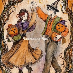 May include: An illustration of two figures dancing, one in a brown dress with a purple collar and the other in a green vest and orange shirt, both wearing hats and holding carved jack-o'-lanterns. The text RasmussenResin is centred.