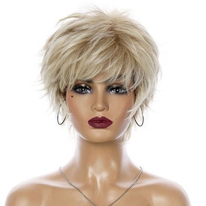 WIG short cut wig pixie cut wig blonde wig wavy wig curly wig with bangs for women synthetic wig