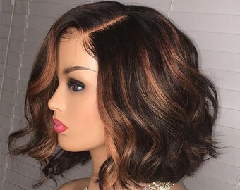 WIGS Human hair wigs for women Transparent Lace front wigs short cut wavy wigs ombre highlight brown bob wigs