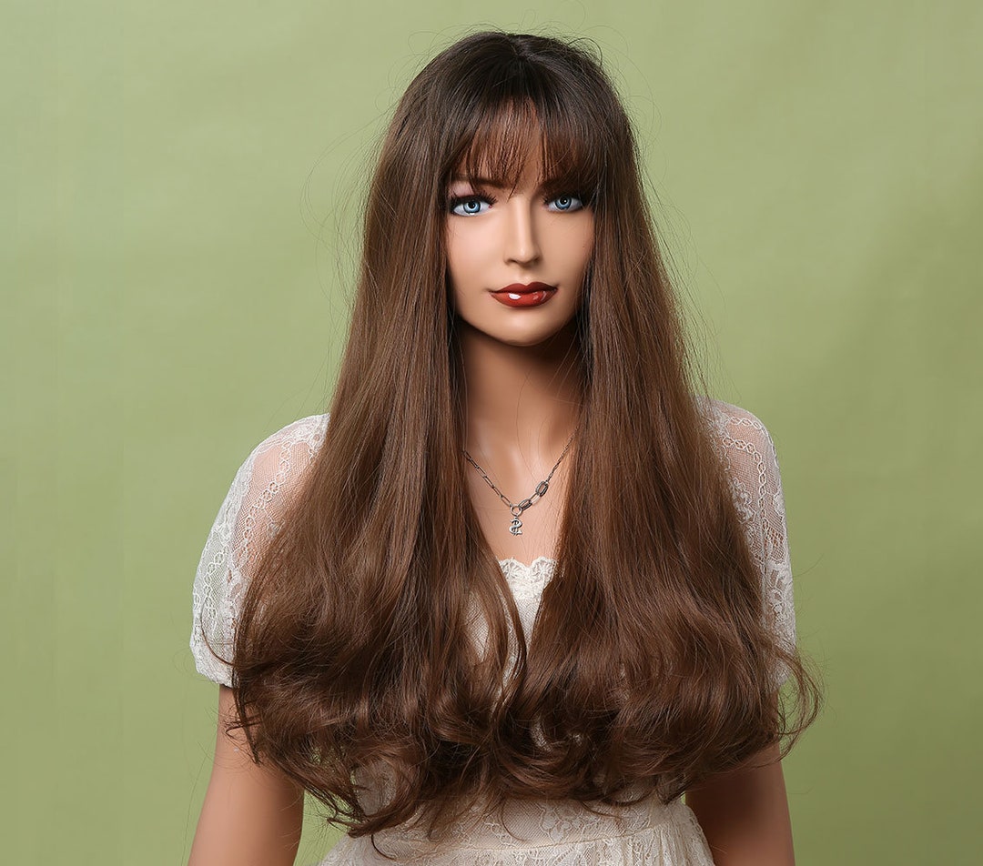 WIG Long Brown Wig With Bangs Wavy Wig for Women Synthetic Wig Etsy