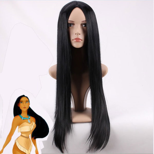 Peluca Peluca de cosplay Peluca de princesa Pocahontas Peluca de disfraz Peluca larga negra para mujer niña Peluca de pelo sintético resistente al calor