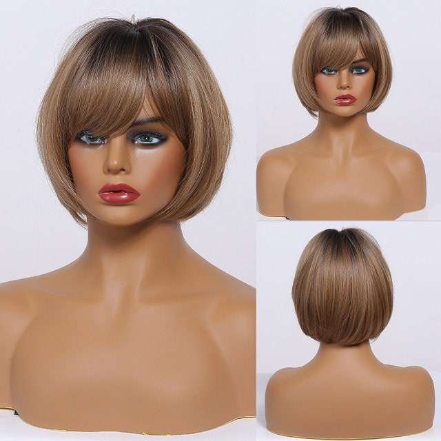 WIG Short Straight Bob Wig with Bangs for Women Synthetic Etsy
