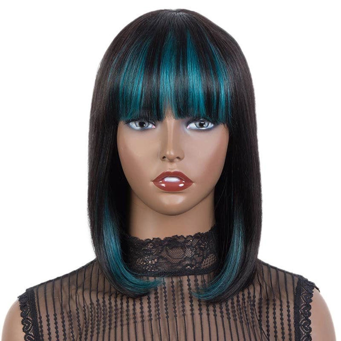 WIG Short Bob Wig With Bangs highlight bangs wig Straight Etsy