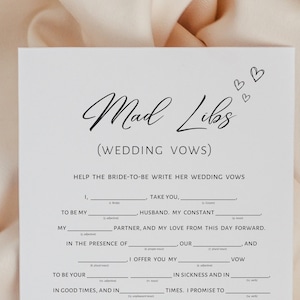 Mad libs wedding vows, bridal shower games, hearts, black white, minimalist game printable, instant download