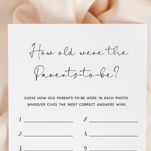 How old were the parents to be, baby shower game minimalist, co ed baby shower, boy, girl gender neutral, game printable, digital download