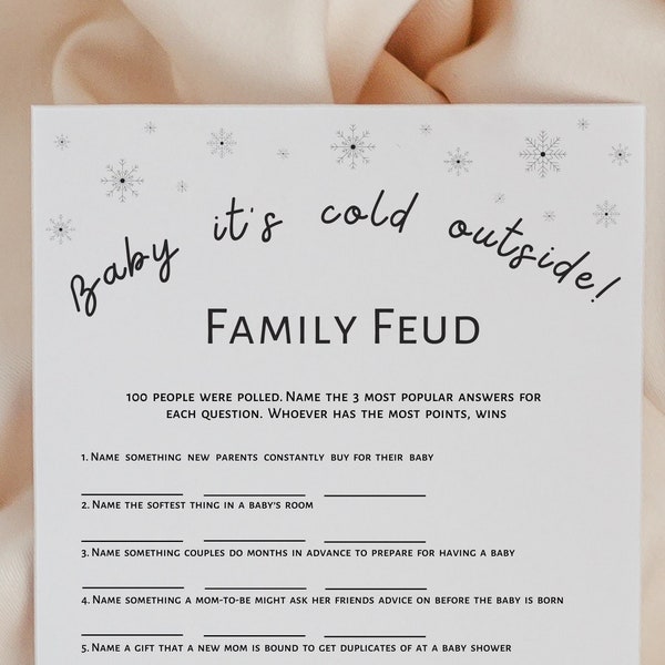 Family feud baby shower game, winter baby shower, fast money round, black white simple printable game, digital download