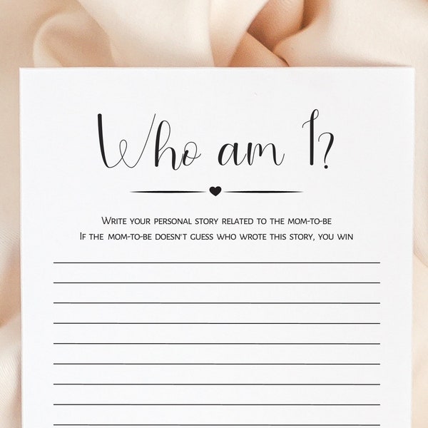 Who am I, baby shower game minimalist, guess story game, boy, girl, printable game, digital download