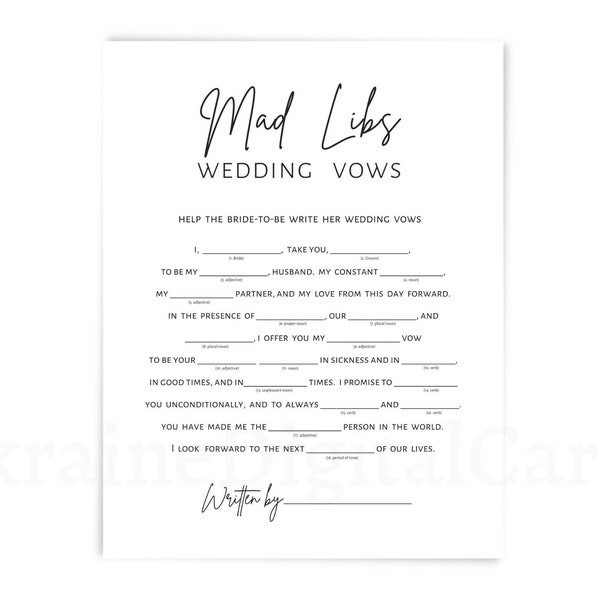 Mad libs wedding vows, bridal shower games, minimalist printable games, digital download