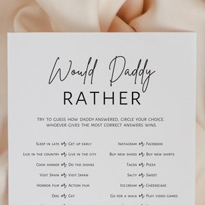 Would daddy rather, baby shower games, would he rather, couple baby shower, black white minimalist game printable, digital download