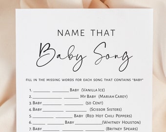 May include: A printable baby shower game with the title "Name That Baby Song". The game asks players to fill in the missing words for each song that contains the word "baby".