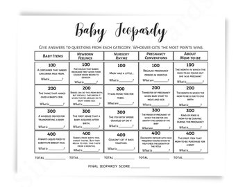 Jeopardy baby shower game, black white, boy, girl, game printable, digital download