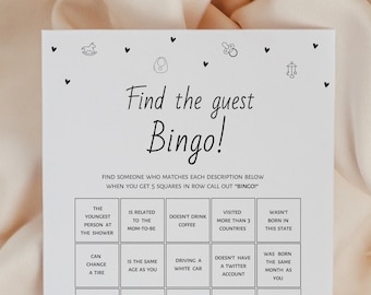 Find the guest bingo, baby shower games, find someone who, black white printable game, boy, girl, gender neutral, digital download