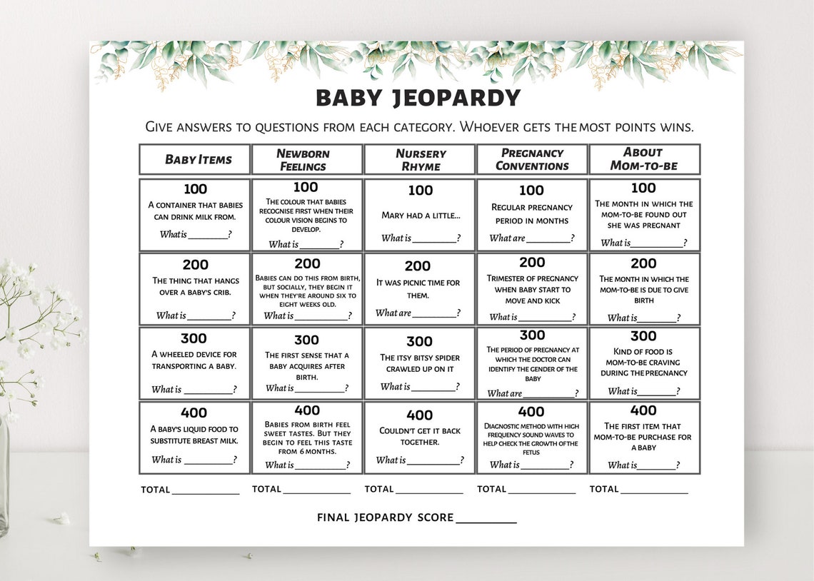 Baby Jeopardy Games, Baby Shower Games Printable, Greenery Baby Shower
