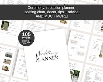 Wedding planner editable Canva template and printable. Wedding seating chart, checklists, timelines. Digital download