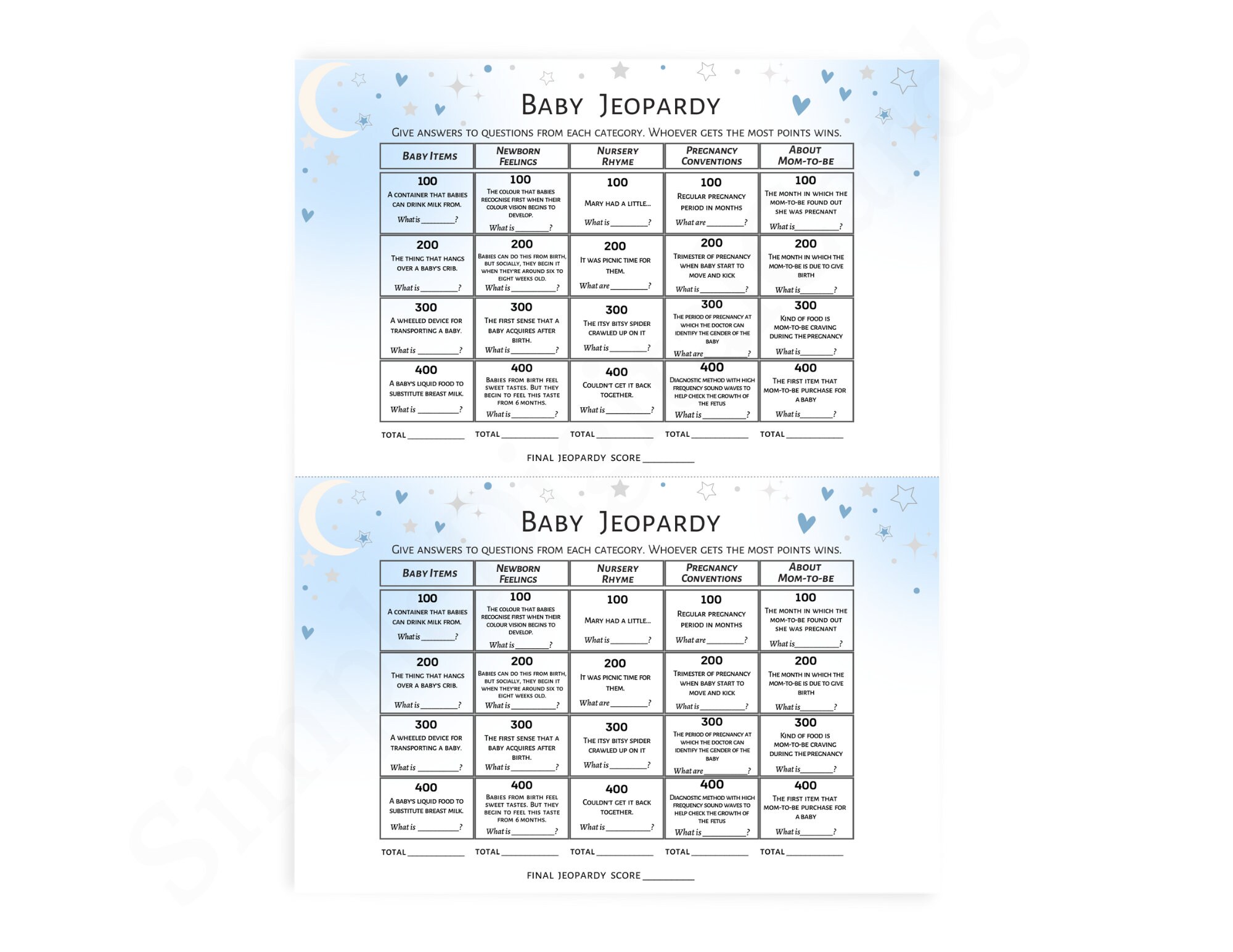 Baby Jeopardy Baby Shower Game Boy, Baby Shower Blue, Moon and Stars ...