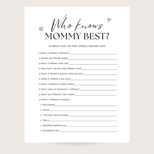 Who knows mommy best - Baby shower game, printable. Digital download