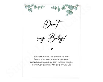 Don't say baby, baby shower game sign, clothes pin game, boy, girl gender neutral, game printable, digital download