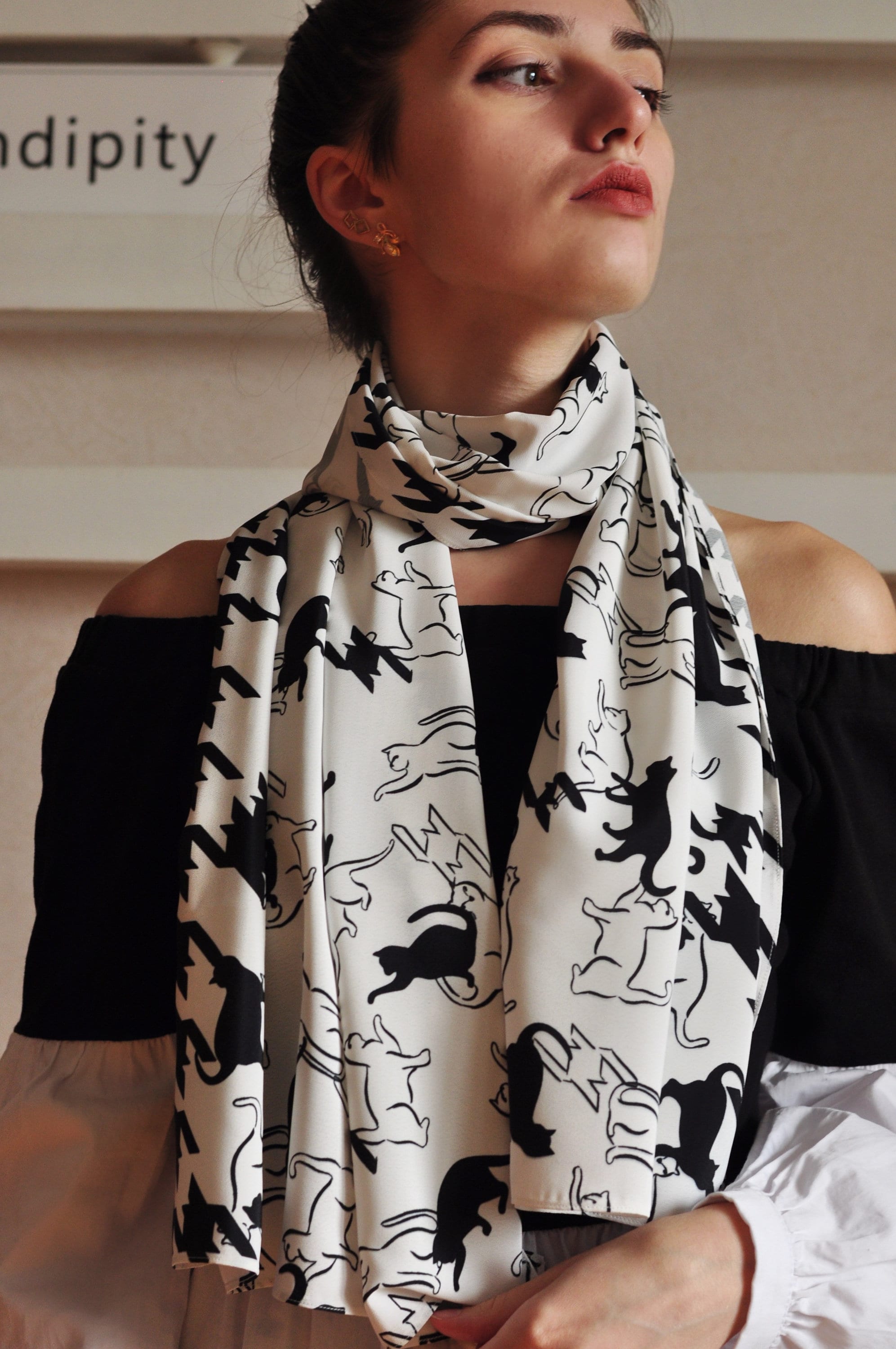 Women black and white scarf with pattern Etsy