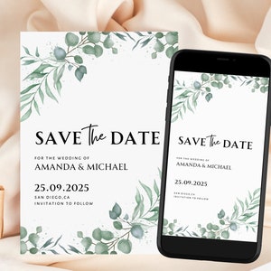 Save the date greenery template, eucalyptus template phone and printable card. Digital download
