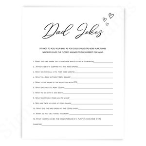 Dad jokes, baby shower game, co ed baby shower, black white, minimalist game printable, digital download