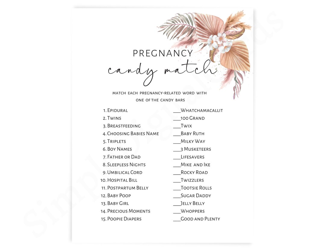 Pregnancy Candy Match, Baby Shower Game Boho, Floral, Boy, Girl Gender ...