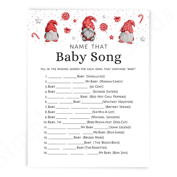 Baby shower game Name that baby song, baby shower Gnome, Christmas theme, baby shower winter, gender neutral, digital download