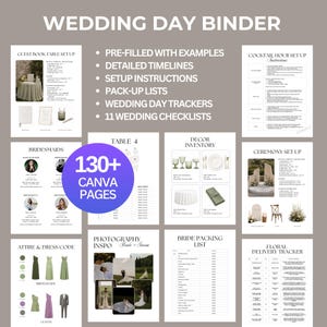 Puede incluir: Un conjunto de plantillas digitales para organizador de bodas con más de 130 páginas en Canva. Incluye ejemplos prellenados, cronogramas detallados, instrucciones de montaje, listas de empaque, rastreadores y 11 listas de verificación.