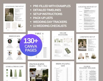 May include: A digital wedding day binder template set featuring 130+ Canva pages. Includes pre-filled examples, detailed timelines, setup instructions, pack-up lists, wedding day trackers, and 11 checklists for guest books, decor, and floral delivery.