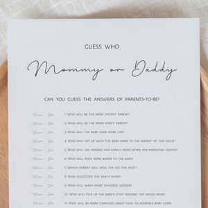 Mommy or daddy, baby shower game, guess who mommy or daddy, mom or dad, simple black white printable game, digital download