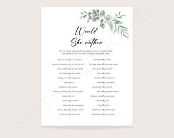 Would she rather bridal shower game greenery. Digital download