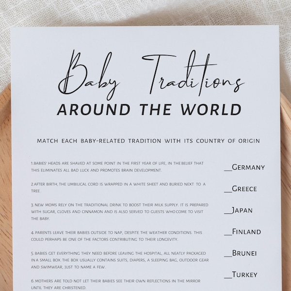 Baby traditions around the world, baby shower game, minimalist printable baby shower game travel theme, digital download