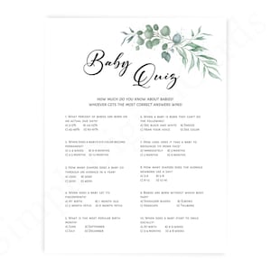 Baby quiz baby shower game greenery, baby trivia boy, girl, gender neutral, game printable, digital download