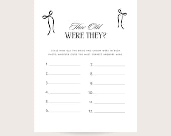 Bridal Shower Game - How old were they. Minimalist, Vintage Bow. Printable. Digital download.