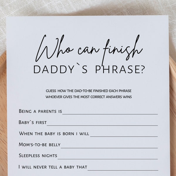 Who can finish daddy's phrase, baby shower games, couple baby shower game, minimalist printable game, digital download