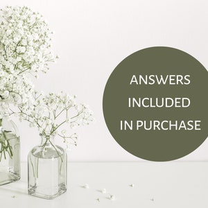May include: Two clear glass vases filled with white baby's breath flowers. The vases are on a white surface. A green circle with the text "ANSWERS INCLUDED IN PURCHASE" is in the background.