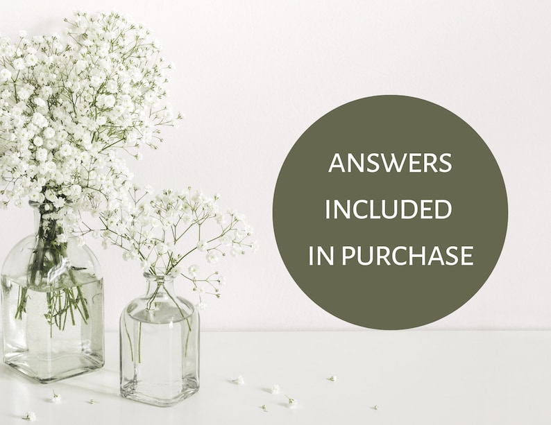 May include: Two clear glass vases filled with white baby's breath flowers. The vases are on a white surface. A green circle with the text "ANSWERS INCLUDED IN PURCHASE" is in the background.