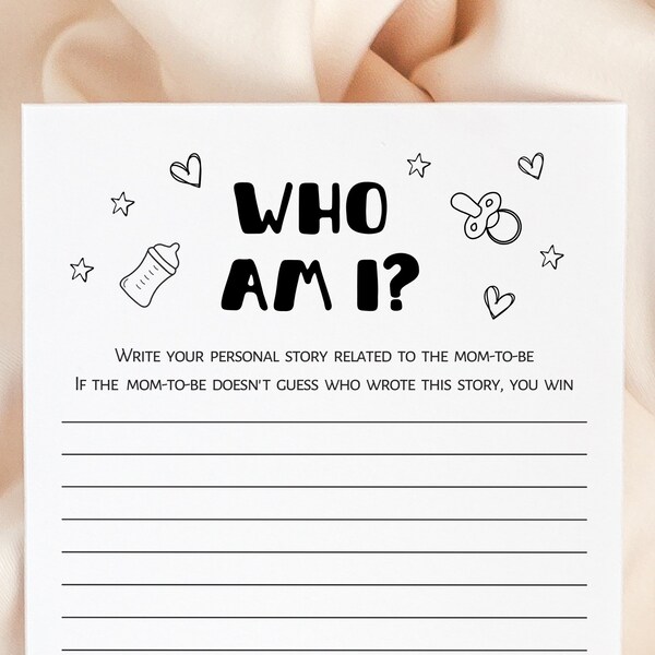 Who am I baby shower game minimalist, guess story game, boy, girl, gender neutral, digital download