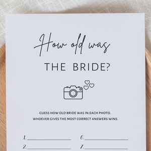 How old was the bride, bridal shower game, minimalist printable game, guess age game photo, instant download