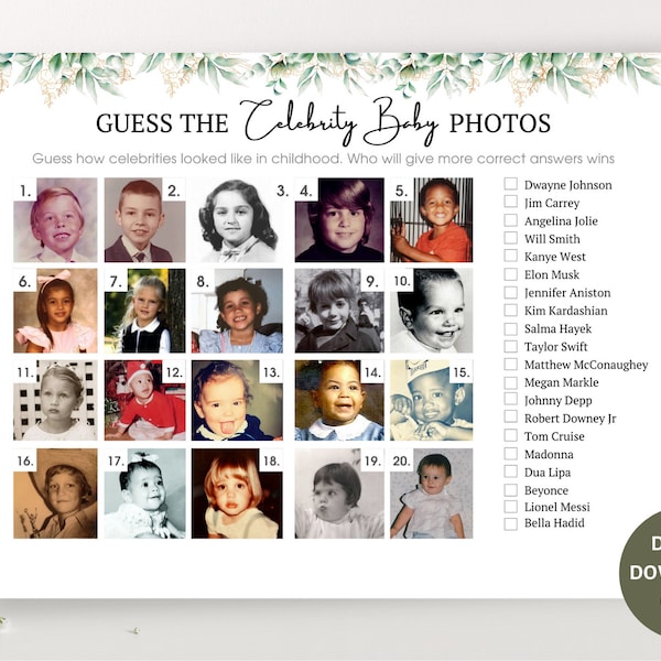 Guess the celebrity baby photos, baby shower games, printable baby shower game greenry, digital download